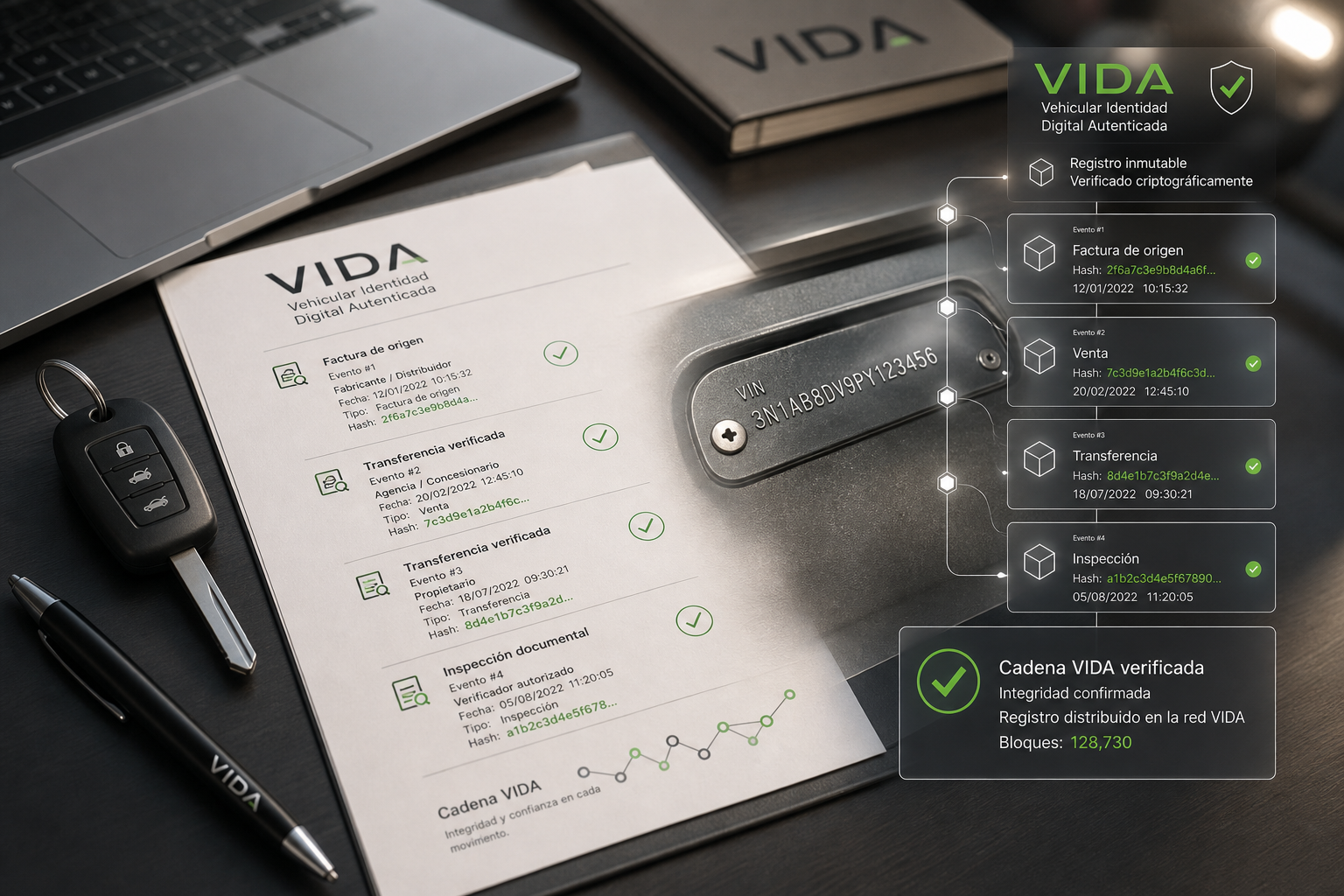 Documento vehicular, VIN y cadena de eventos VIDA con verificacion criptografica