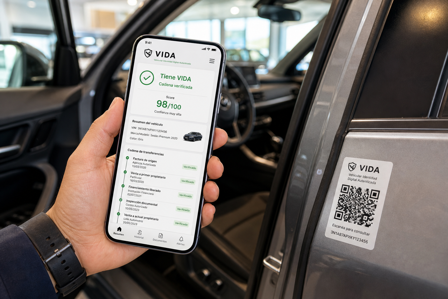 Consulta VIDA desde celular mostrando score y cadena verificada de un vehiculo