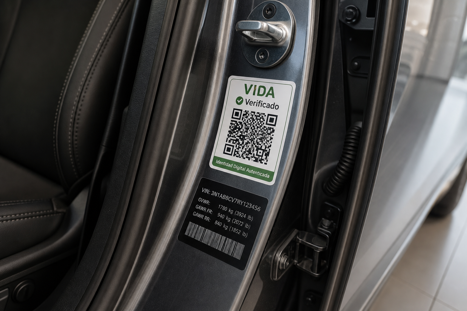 Sticker QR VIDA pegado en el marco interior de la puerta de un coche